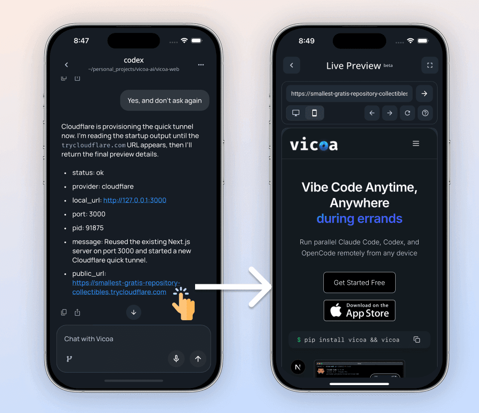 Opening a mapped localhost URL from the Vicoa app
