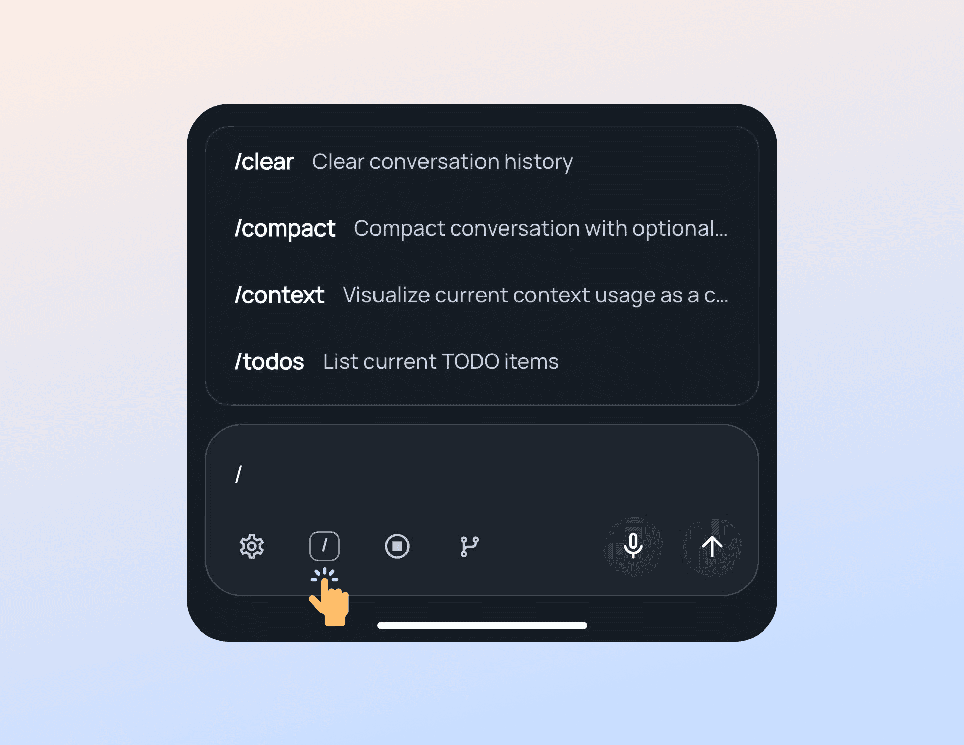 The slash command menu open in the Vicoa chat
