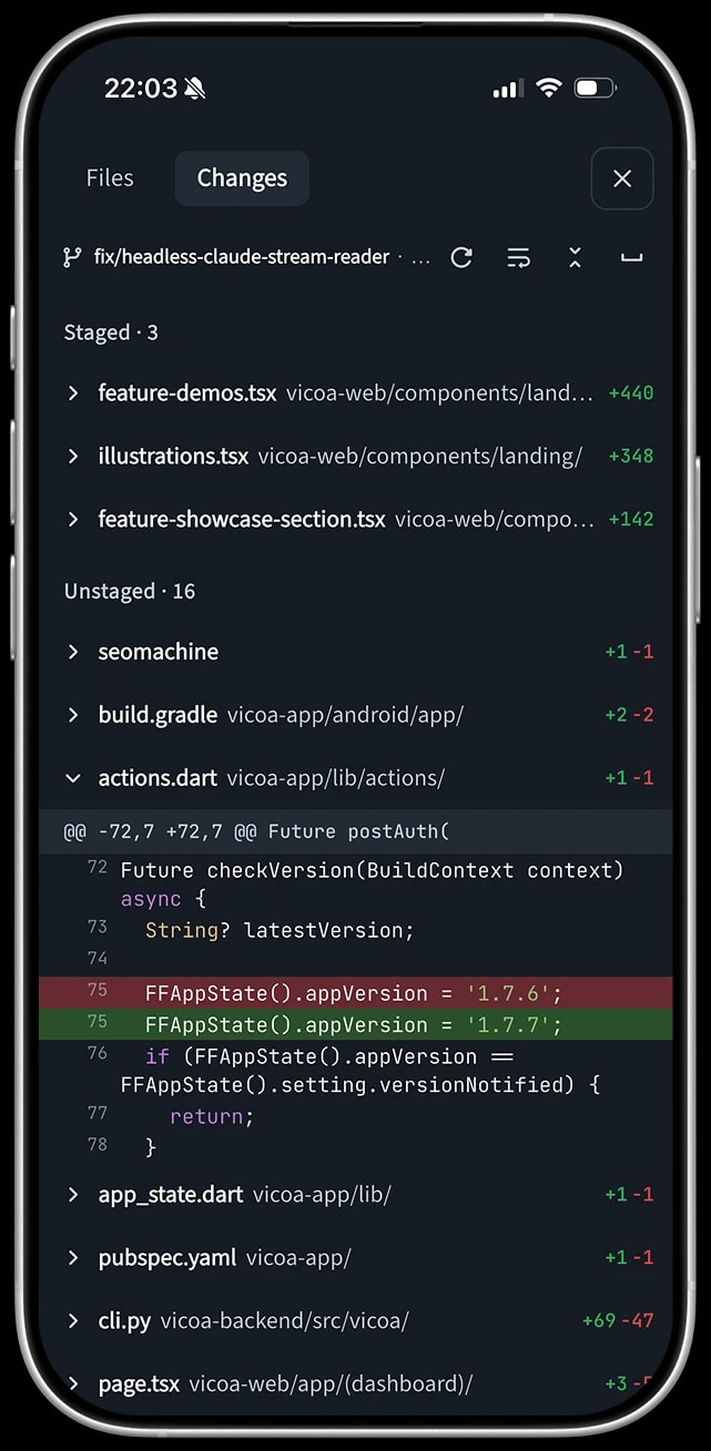 Reviewing a staged git diff in the Vicoa mobile app